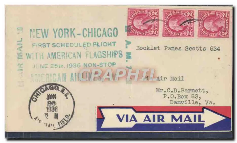 New York-Chicago — erster geplanter Flug mit Flugzeugen der American Airlines — American Airlines, 25. Juni 1936 - Vorderseite