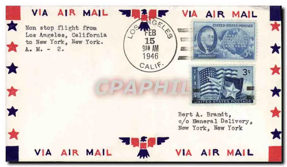 Direktflug Los Angeles - New York — 15. Februar 1946 — unbekannter Verlag, Seriennummer nicht sichtbar - Vorderseite
