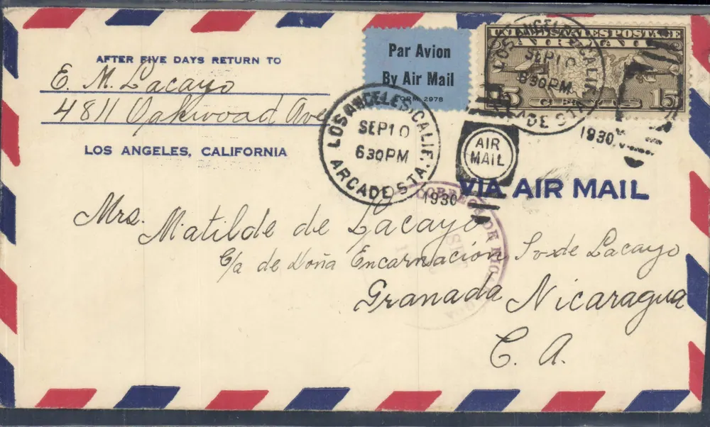 Los Angeles — Luftpost nach Granada, Nicaragua — amerikanische Post 1930 - Vorderseite