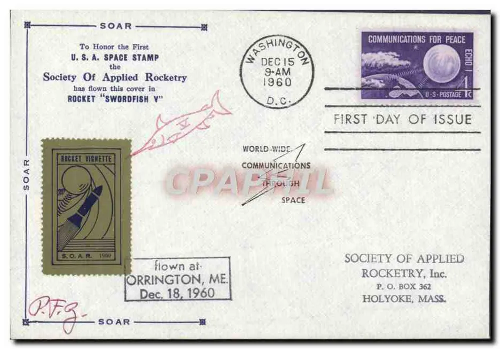 Gesellschaft für Anwendung der Rakete — 'Rocket Vignette'-Stempel — Washington D.C., 15. Dezember 1960 - Vorderseite