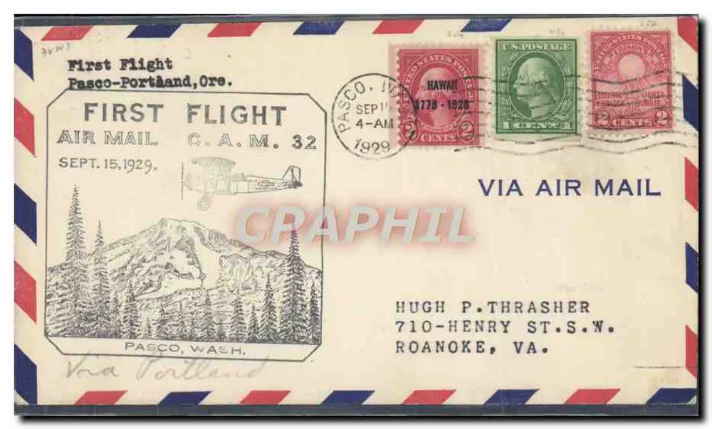 Erster Flug Pasco-Portland, Oregon — C.A.M. 32 — unbekannter Verlag, Seriennummer nicht sichtbar - Vorderseite