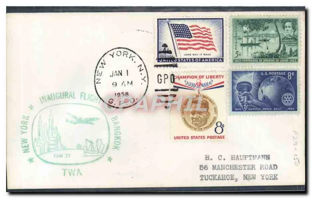 Erster TWA-Flug New York-Bangkok — GPO New York N.Y. — 1958 - Vorderseite