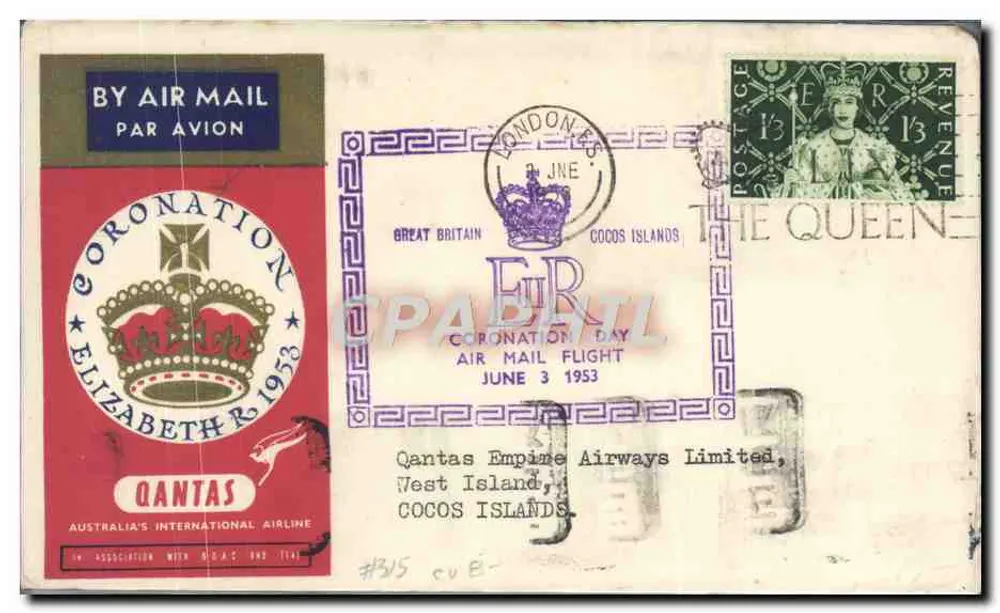 Kronungsfeier — Luftfahrt-Kronung der Queen Elizabeth II — Qantas — Cocos-Inseln — 3. Juni 1953 - Vorderseite