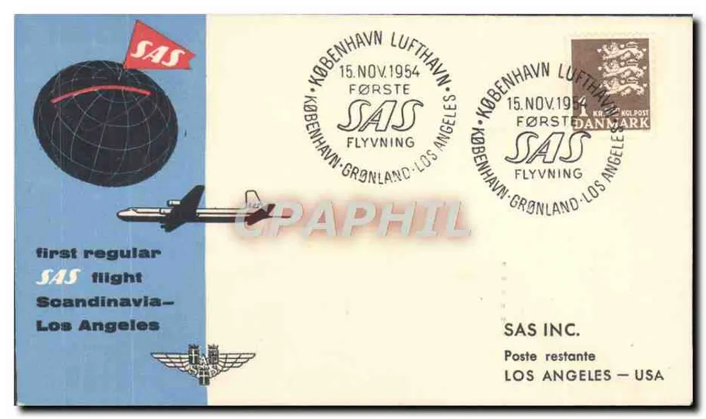 Erster regulärer SAS-Flug Kopenhagen-Los Angeles — SAS Inc. und Poststempel - Vorderseite