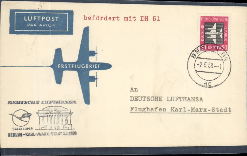 Berlin-Karl-Marx-Stadt — Erster Flug — Deutsche Lufthansa - Vorderseite