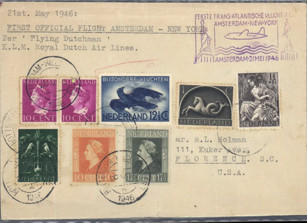 Erster Transatlantikflug Amsterdam-New York — K.L.M. Royal Dutch Air Lines — 21. Mai 1946 - Vorderseite