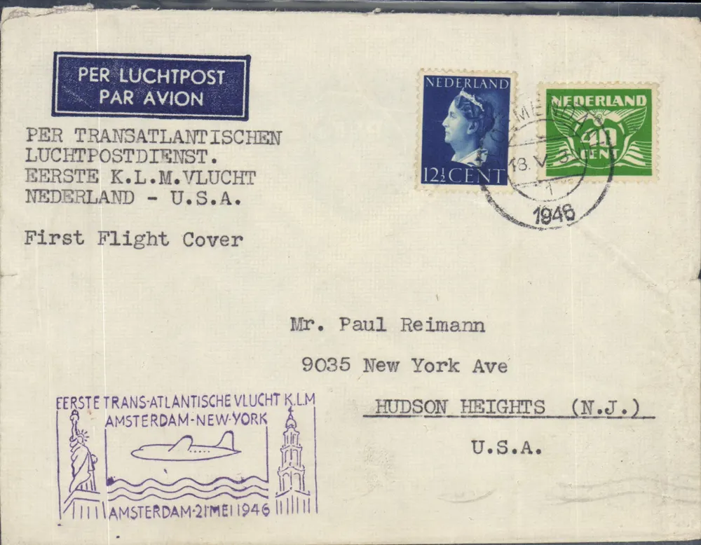 Erster KLM-Transatlantikflug — Amsterdam-New York — 21. Mai 1946 — Verlag KLM - Vorderseite