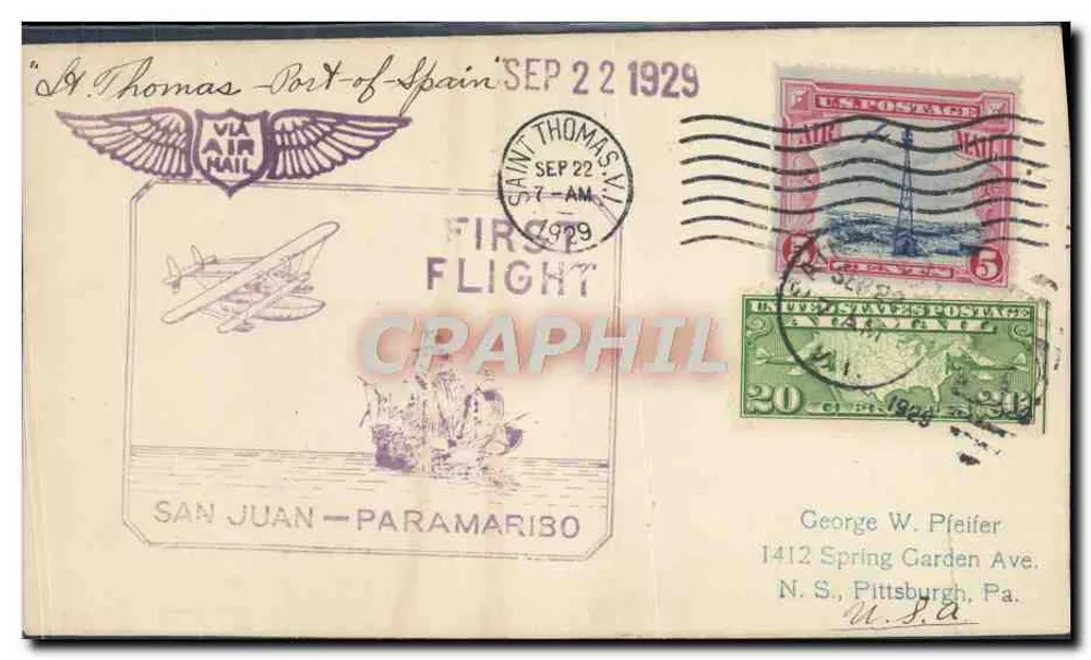 San Juan - Paramaribo — Eerste vlucht — Via luchtpost - Voorkant