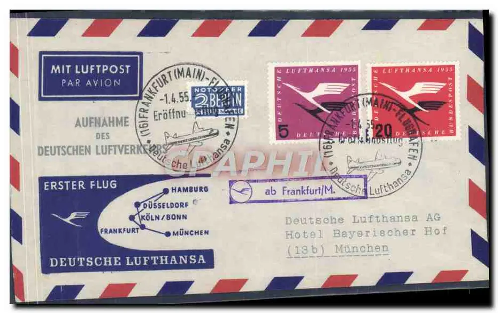 Erster Flug Lufthansa — Frankfurt/M. — Berlin — 1. April 1955 — Deutsche Lufthansa AG - Vorderseite