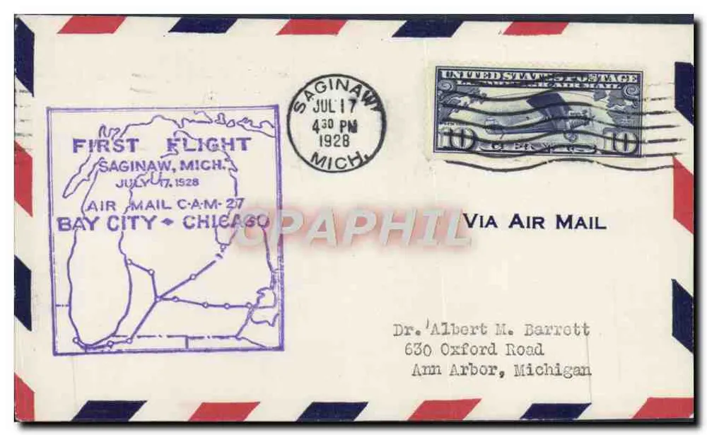 Erster Flug Saginaw, Michigan — Saginaw, Michigan — 1928 - Vorderseite