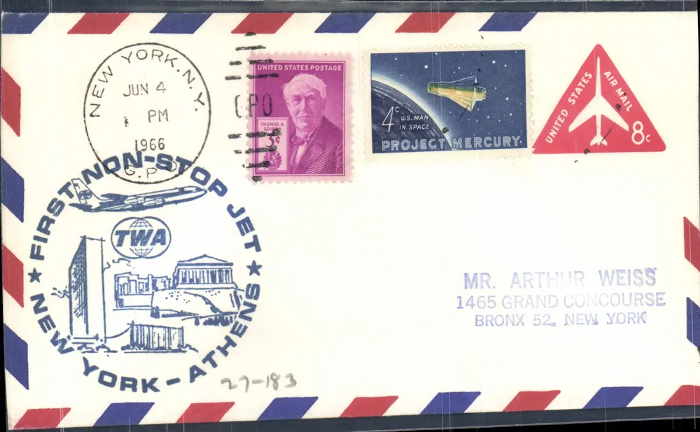 New York - Athen — erster non-stop Jet-Flug der TWA — Verlag TWA, Seriennummer 27-183 - Vorderseite