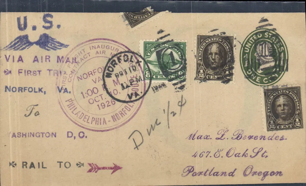 Erster Luftflug Norfolk - Philadelphia — U.S. Air Mail, 1926 - Vorderseite