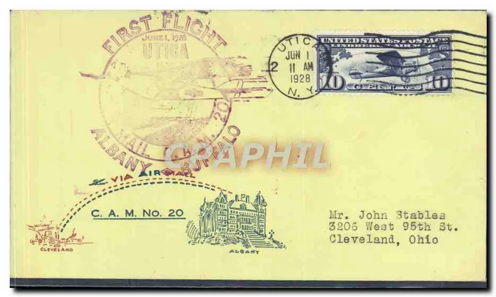 Erster Flug von Lindbergh — Utica, N.Y. — C.A.M. Nr. 20 - Vorderseite