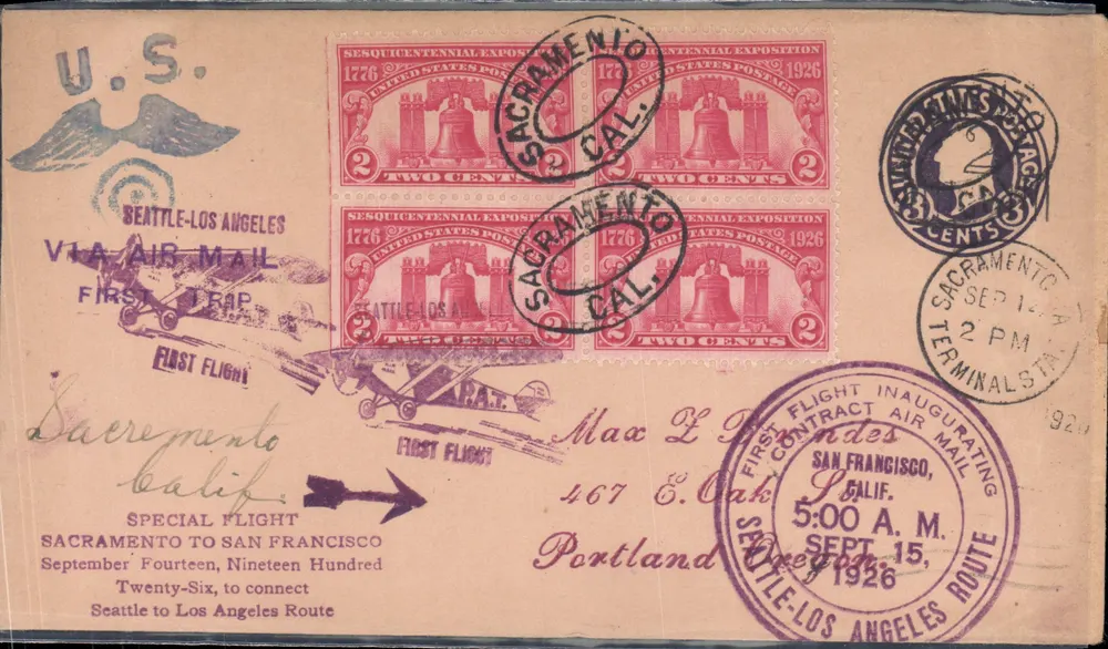 Erster Flug mit dem Flugzeug Seattle-Los Angeles — Centennial-Ausstellung Sacramento — 1926 - Vorderseite