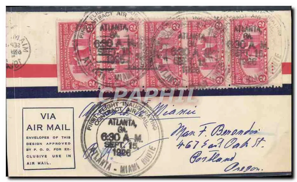Erster Flug Atlanta-Miami — 15. September 1926 — Verlag P.O.D. Air Mail - Vorderseite