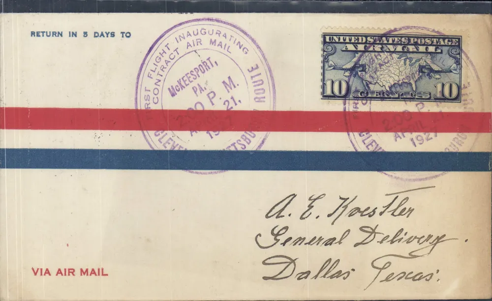 Erster Vertraglicher Luftpostflug — McKeesport, PA — 21. April 1927 — United States Postage - Vorderseite