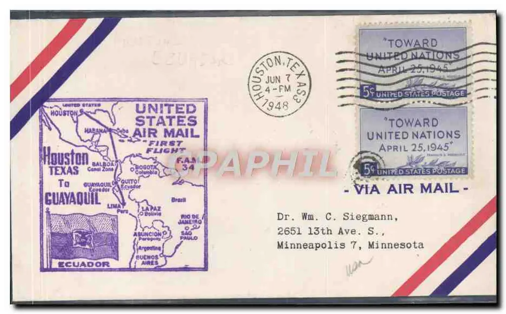 Houston, Texas — Erster Flug nach Guayaquil, Ecuador — United States Air Mail - Vorderseite