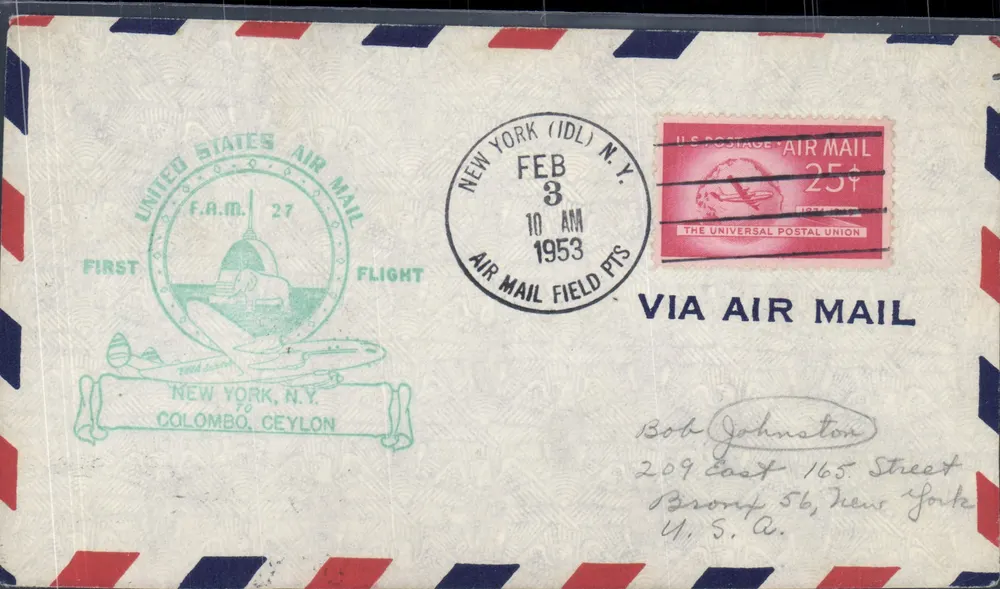 New York - Colombo, Ceylon — Erster Flug F.A.M. 27 — United States Air Mail - Vorderseite