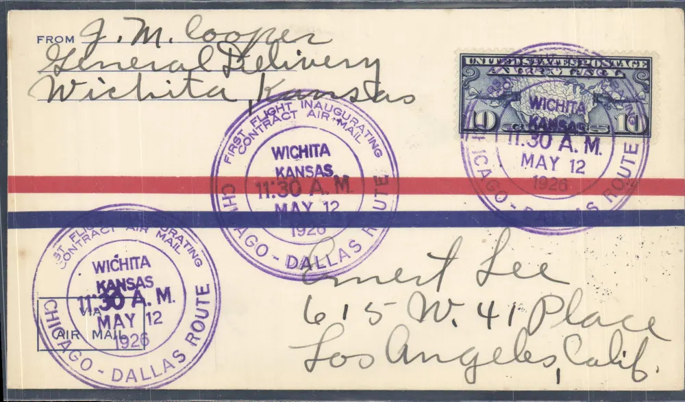 Erster vertraglicher Flug Wichita-Dallas — Kansas — 11:30, 12. Mai 1926 — J.M. Cooper, Wichita, Kansas - Vorderseite