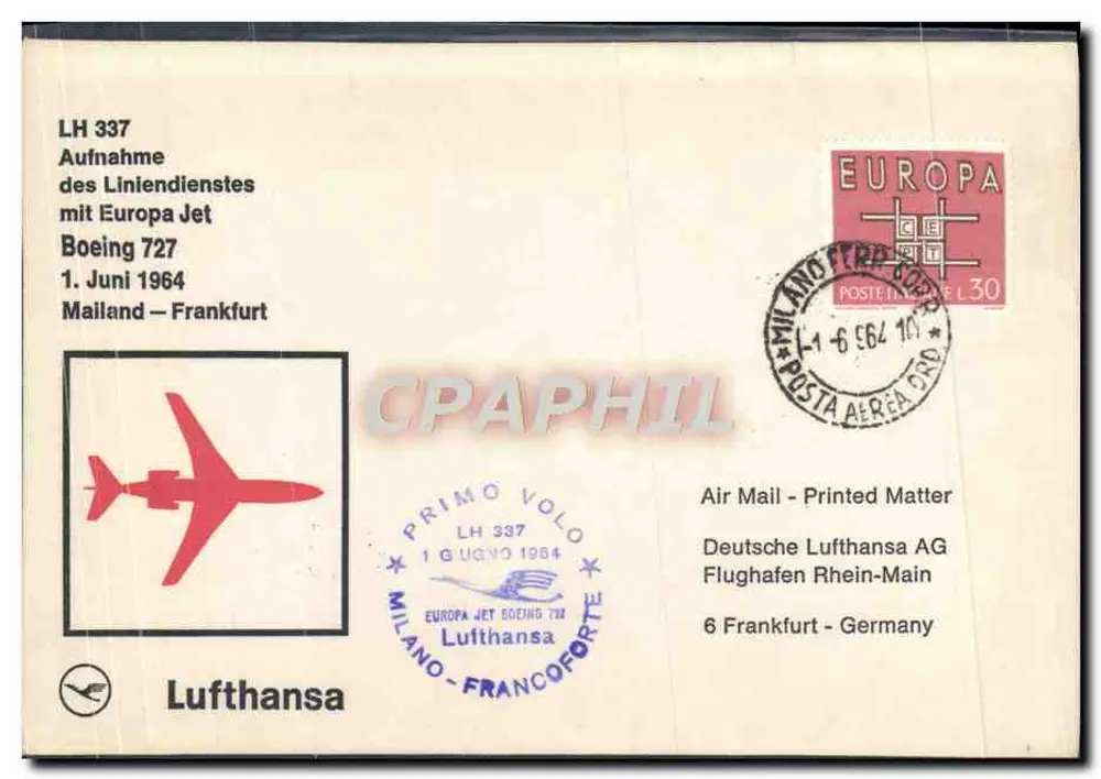 Lufthansa — Erster Flug mit Boeing 727 — Mailand - Frankfurt - Vorderseite