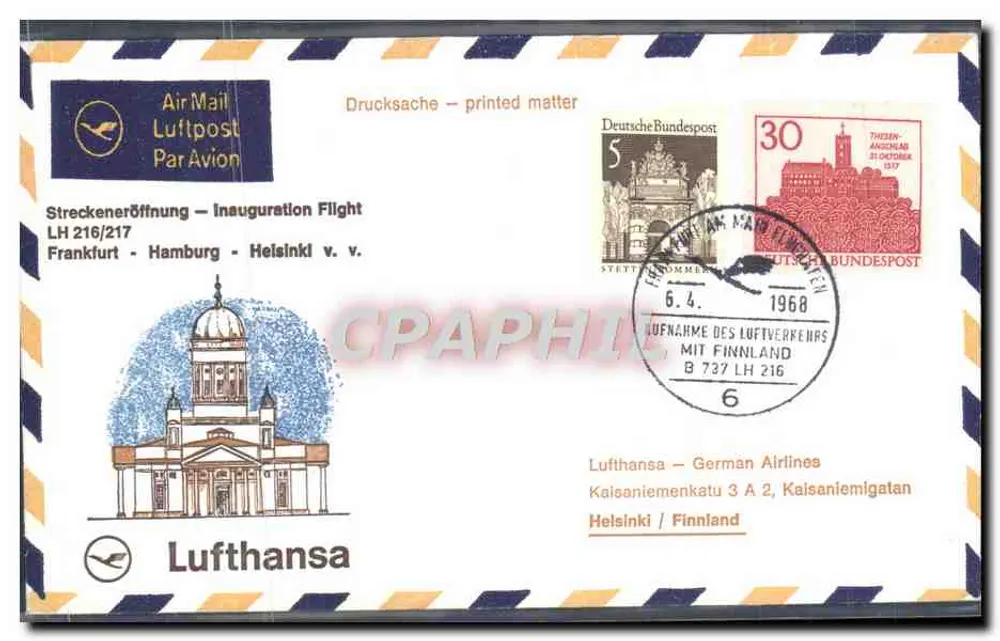 Eröffnung des Flugs Frankfurt-Hamburg-Helsinki — Lufthansa — 6.4.1968 — Deutsche Bundespost - Vorderseite