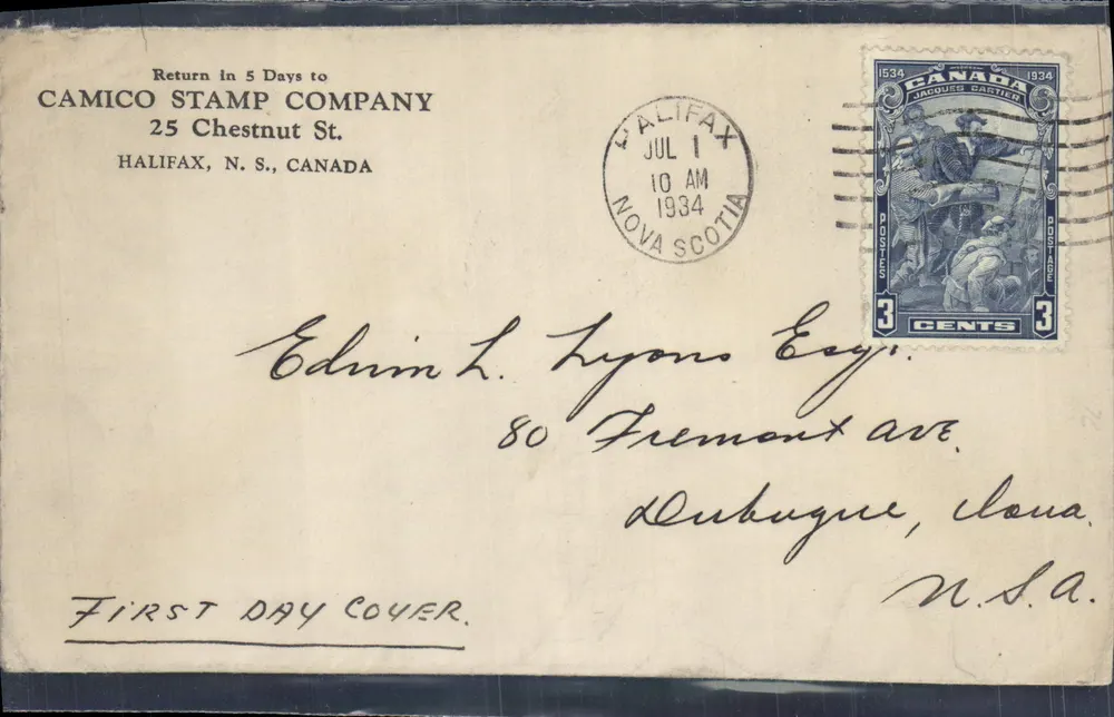 Kanada — Briefmarken Jacques Cartier — 3 Cent — Erster Tag in Halifax, Nova Scotia — Camico Stamp Company - Vorderseite