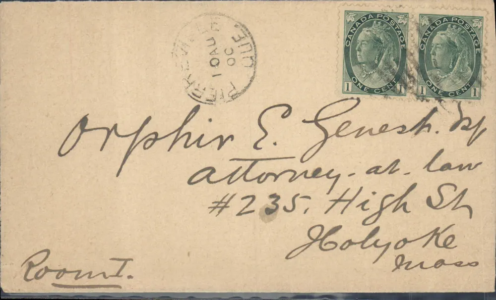 Pierre-Élie Genest, advogado em Holyoke — Bilhete postal antigo, selos de 1 centavo - Frente