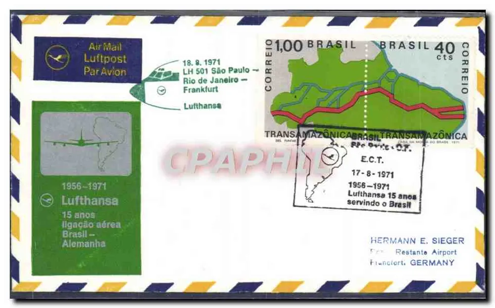 Lufthansa — 15 Jahre Luftverbindung Brasilien-Deutschland — 18.8.1971 — São Paulo — Frankfurt - Vorderseite