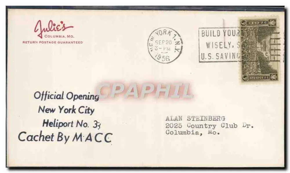 Offizielle Eröffnung New York City Heliport No. 3 — Julie's Columbia, Mo. — Stempel von M.ACC - Vorderseite