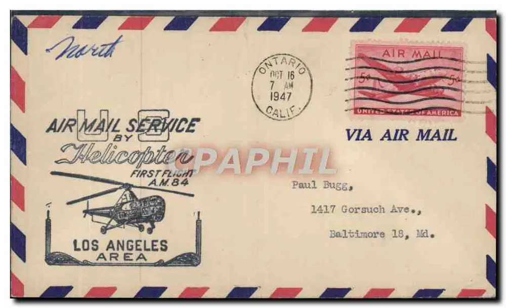 Los Angeles Area — Erster Hubschrauberflug per Luftpost — U.S. Air Mail Service - Vorderseite