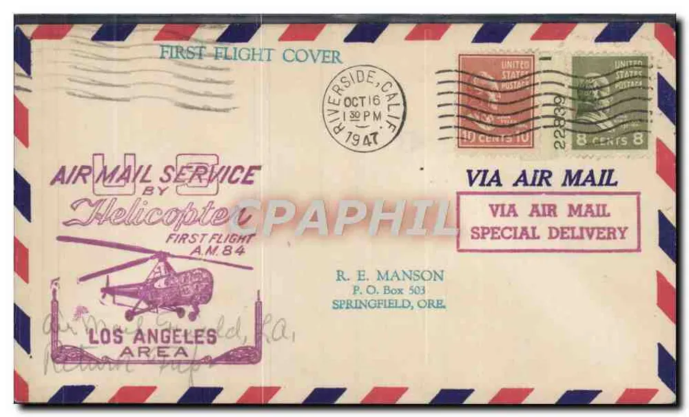 Erster Hubschrauberflug — Luftpostdienst — Riverside, Kalifornien — 16. Oktober 1947 - Vorderseite
