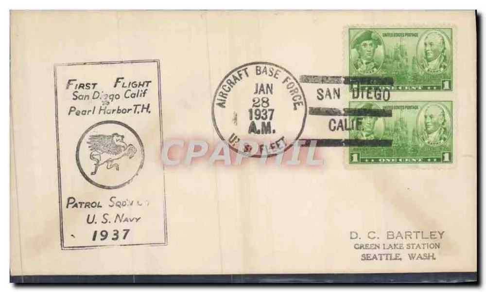 Erster Flug San Diego - Pearl Harbor — U.S. Navy Patrol Sq. 1937 — Aircraft Base Force, San Diego - Vorderseite