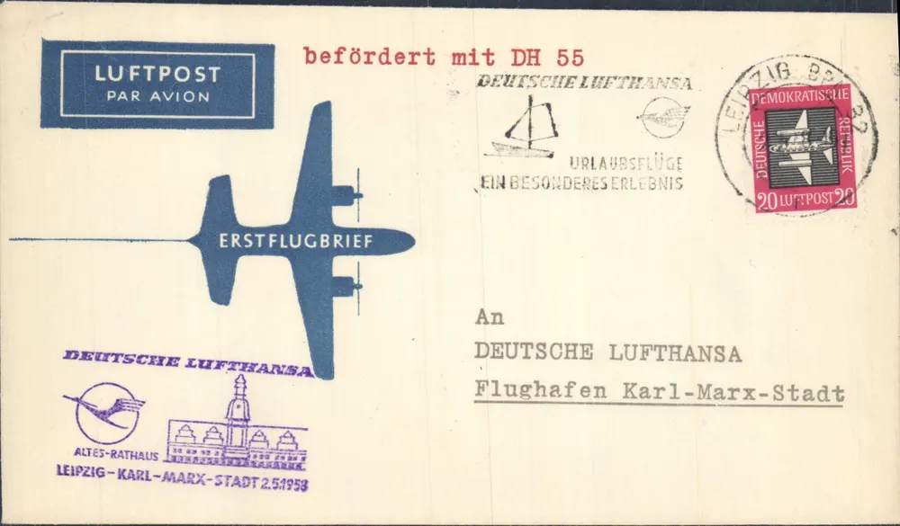 Leipzig-Karl-Marx-Stadt — Erster Flug — Deutsche Lufthansa - Vorderseite