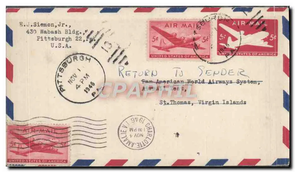 Pittsburgh — Rücksendung an den Absender — Pan American World Airways System, St. Thomas, Jungferninseln - Vorderseite