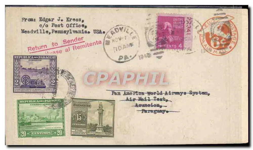 Testpostkarte Pan American World Airways — Asunción, Paraguay — gesendet von Meadville, Pennsylvania, USA — 1940 - Vorderseite