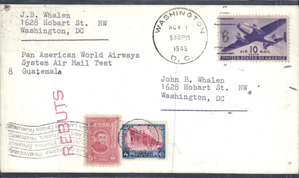 Test der Luftpost von Pan American World Airways — Guatemala — Washington, DC — 1. November 1946 - Vorderseite