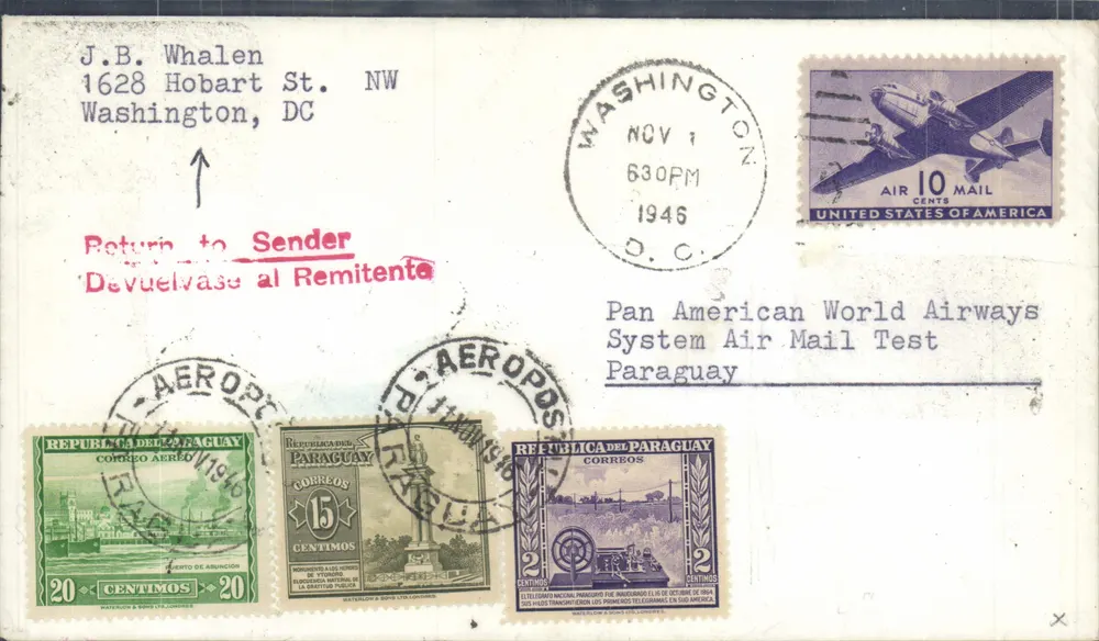 Test der Luftpost von Pan American World Airways — Paraguay — Washington DC — 1. November 1946 - Vorderseite