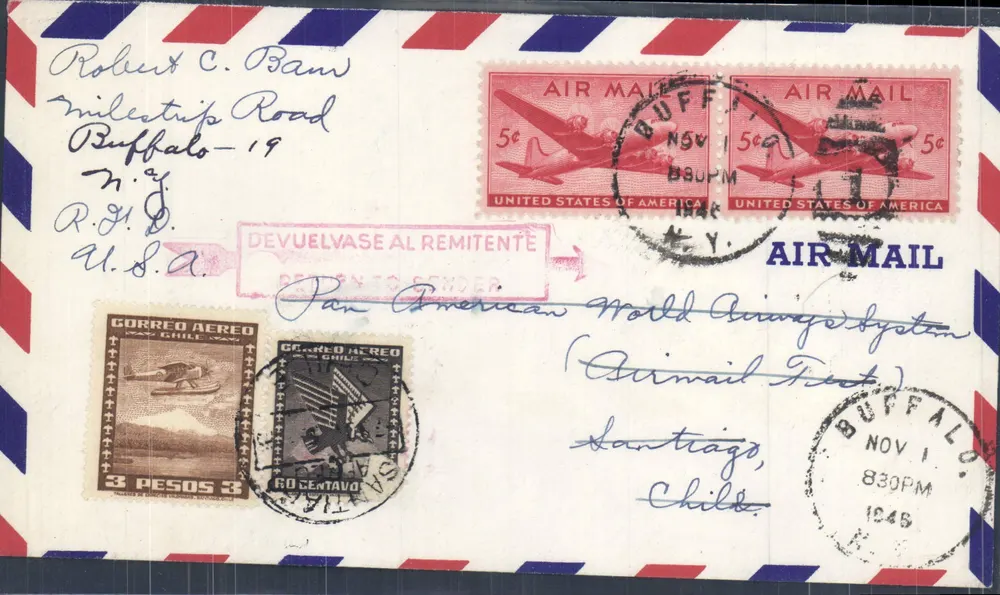 Santiago, Chile — Luftpost Erstausgabe — Pan American World Airways — gesendet nach Buffalo, USA - Vorderseite