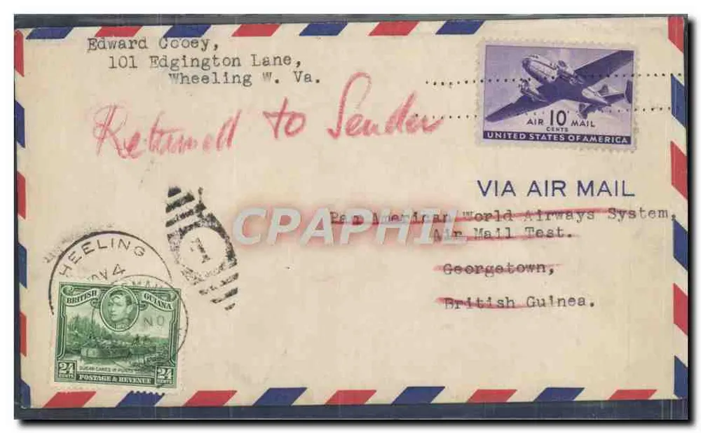 Luftpostkarte — Test Pan American World Airways — Wheeling W. Va. — Georgetown, British Guiana - Vorderseite