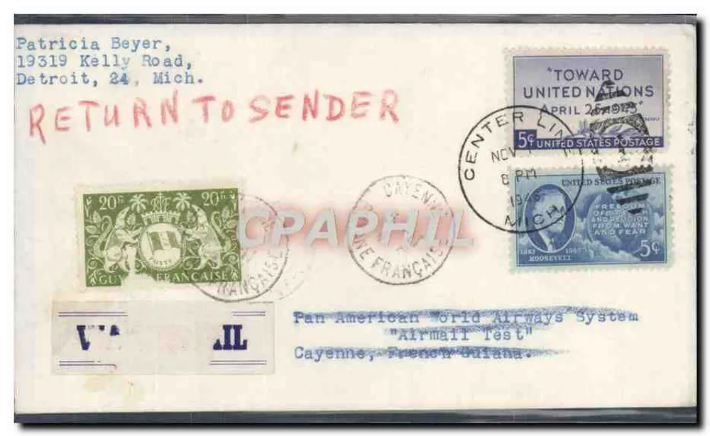 Cayenne, Französisch-Guayana — Pan American World Airways 'Airmail Test' — US-Postwertzeichen - Vorderseite