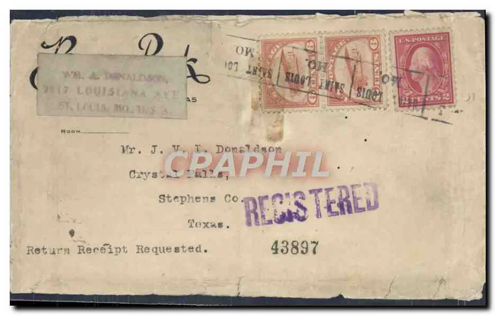 Carte postale envoyée de Saint Louis, Missouri — Mr. J. V. T. Donaldson, Crystal Falls, Stephens Co., Texas — timbres et cachet 'REGISTERED' - Recto
