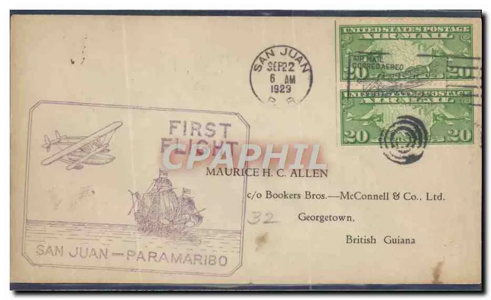 San Juan — Erster Flug San Juan-Paramaribo — Maurice H.C. Allen - Vorderseite
