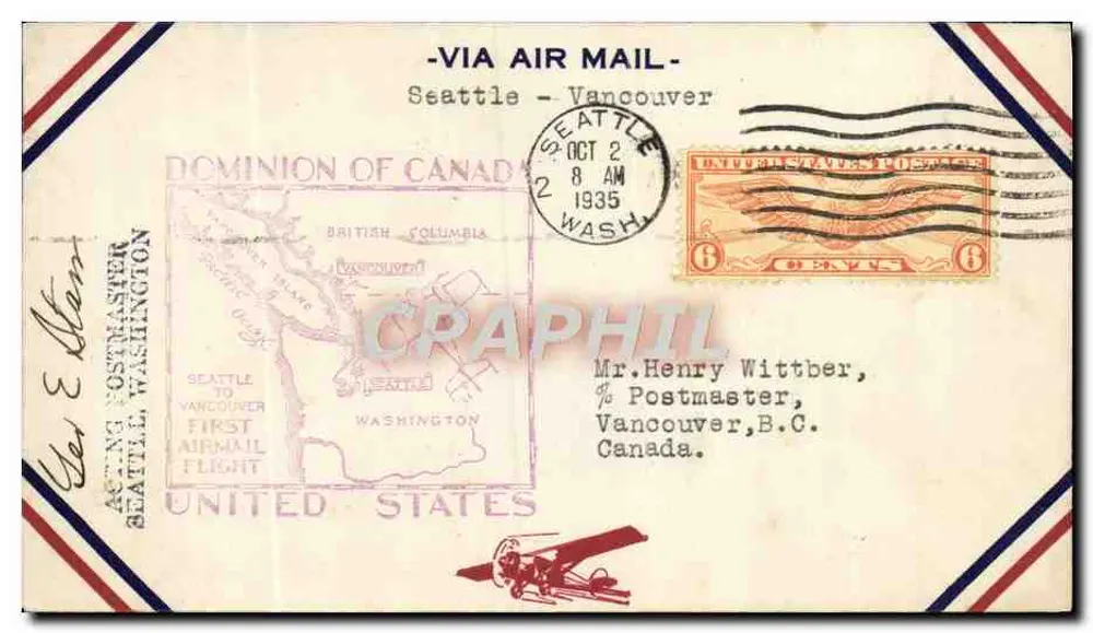 Erster Luftpostflug Seattle-Vancouver — Dominion of Canada — United States Post Office - Vorderseite