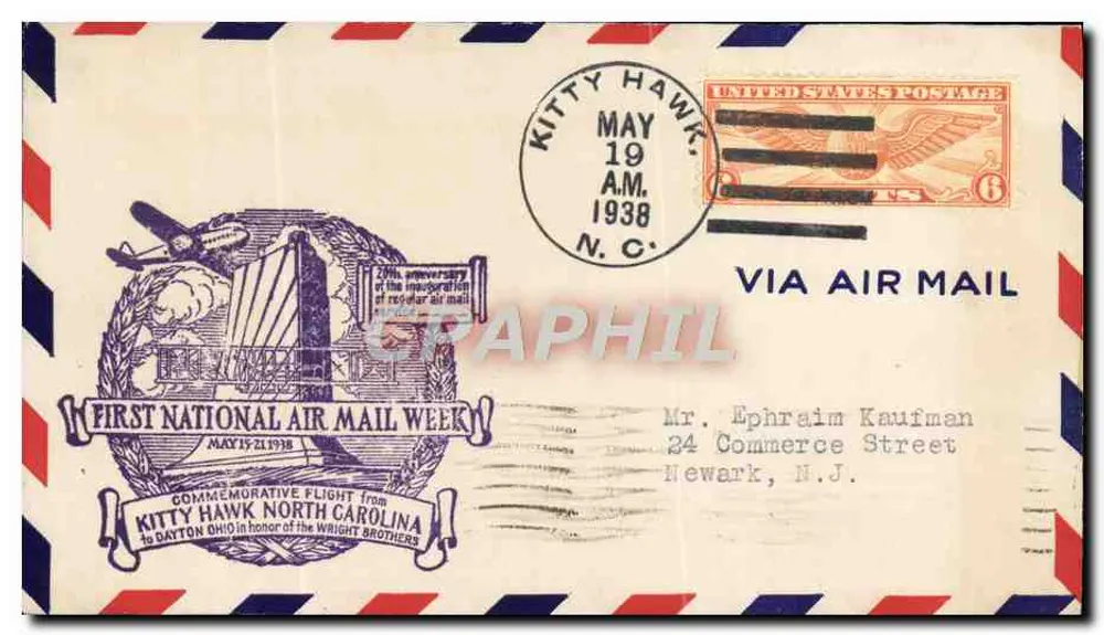 Erste Nationale Luftpostwoche — 25. Jubiläum der Eröffnung der Luftpost — Kitty Hawk, N.C. — 1938 - Vorderseite
