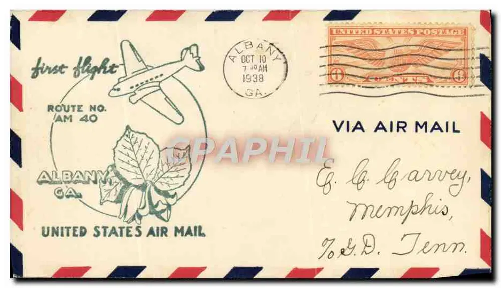Erster Flug — Route AM 40 — Albany, GA — United States Air Mail - Vorderseite