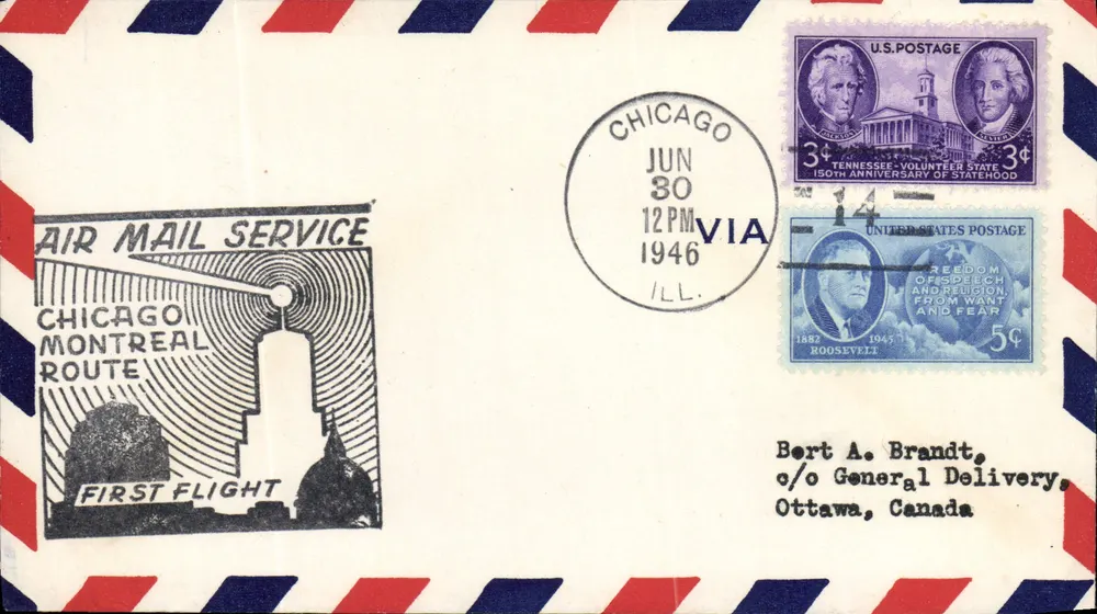 Chicago-Montreal Luftpostroute — Erster Flug — 1946 - Vorderseite