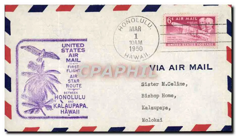 Erster Flug Honolulu-Kalaupapa — United States Air Mail — Erster Flug Air Star Route — Honolulu, 1. März 1950 - Vorderseite