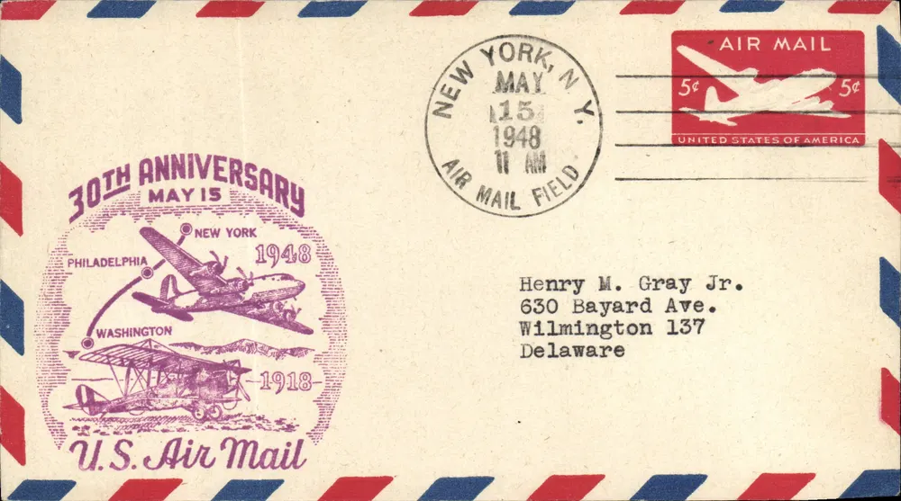 30. Jubiläum des Luftpostdienstes der USA — New York, 15. Mai 1948 — U.S. Air Mail - Vorderseite