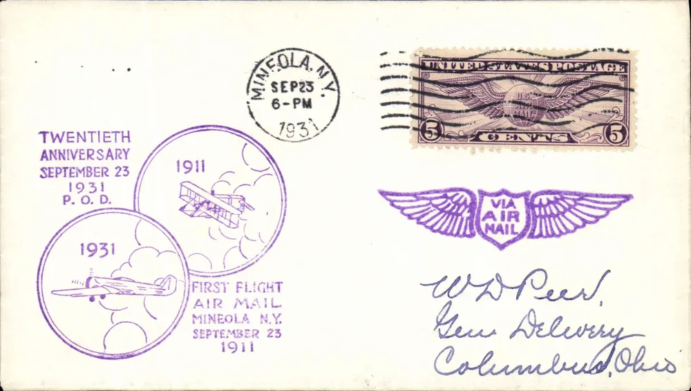 Anniversaire du premier vol postal aérien à Mineola — 20e anniversaire — 1931 - Recto