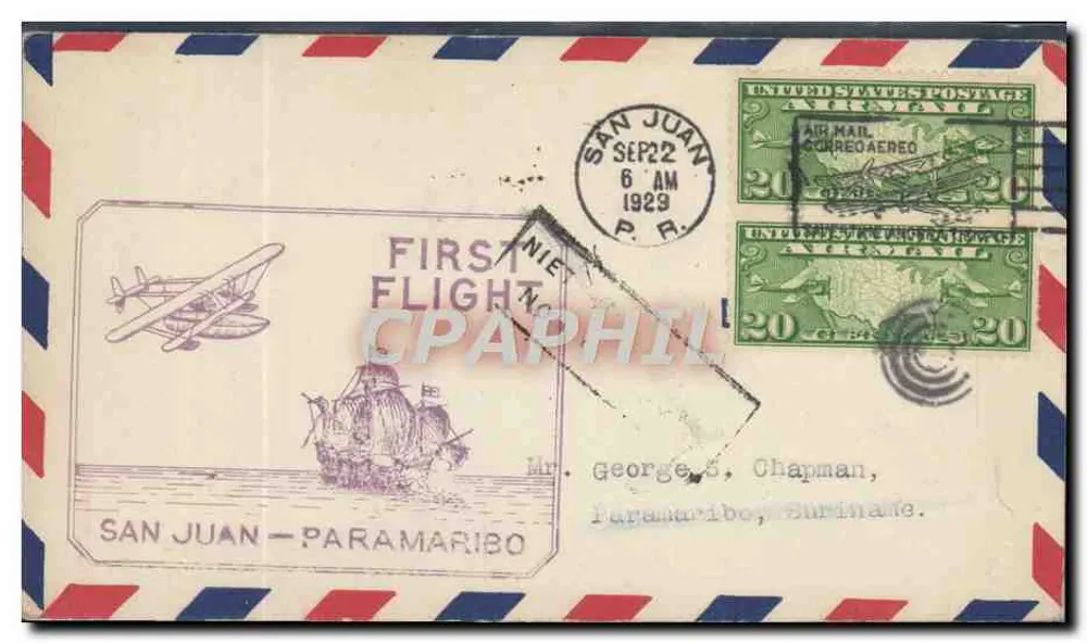 San Juan — Paramaribo — erster Flug — unbekannter Verlag, Seriennummer nicht sichtbar - Vorderseite